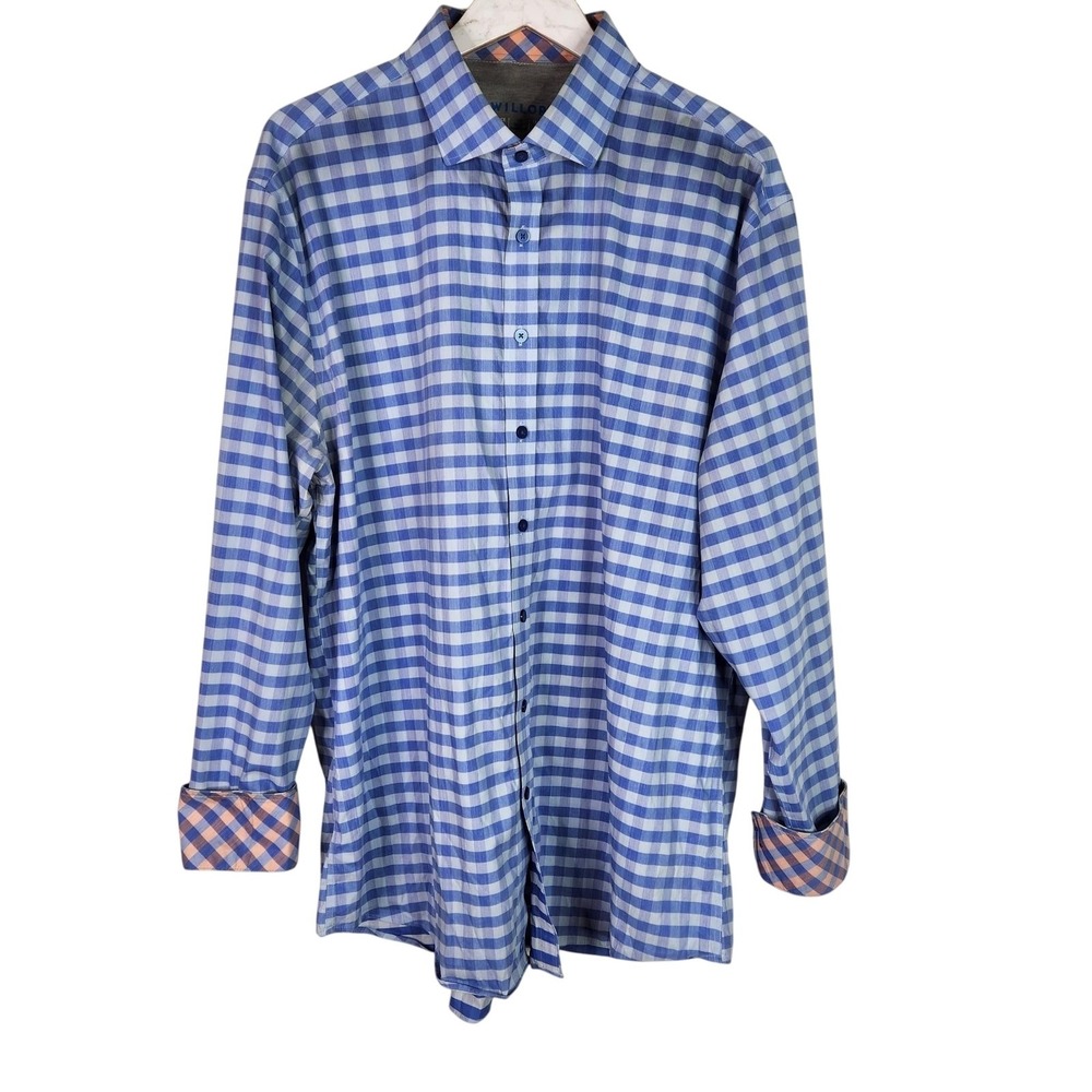 TWILLORY‎ Dress Shirt Mens 16 36/37 Blue Gingham Stretch Performance Long Sleeve